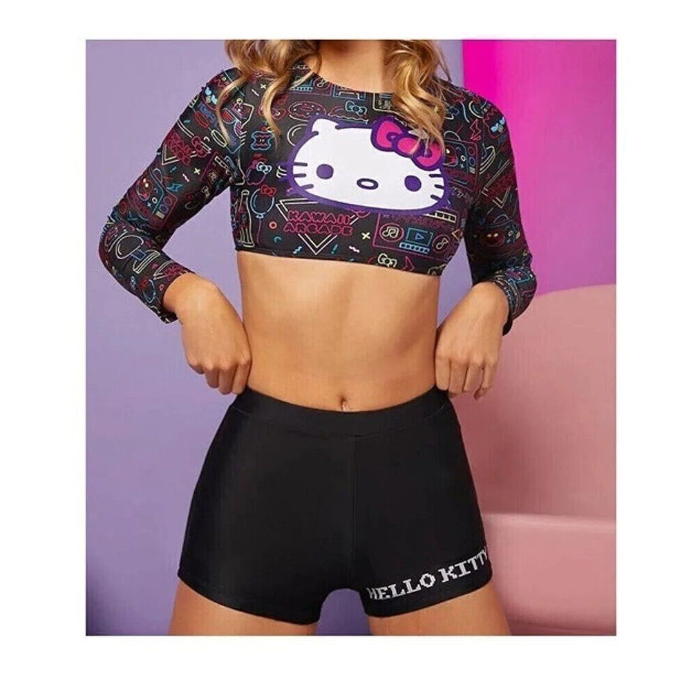 Hello Kitty Graphic Swim Top w/ lace up Back & Matching Shorts Set Size S, M, L